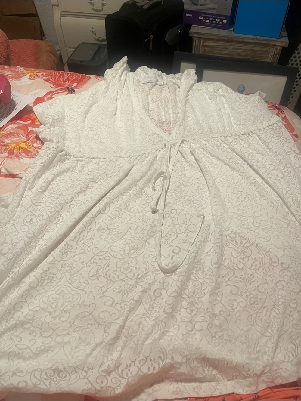 White Floral Embroidered Drawstring bathing suit coverup